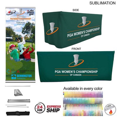 24Hr Express Ship - Outdoor Event Package 2, Deluxe pull up banner + Premium 6' box fit tablecloth