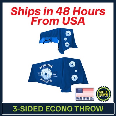 4' x 30"T x 29"H - 3 Sided Hemmed Economy Table Throws - Dye Sublimation - Made in the USA